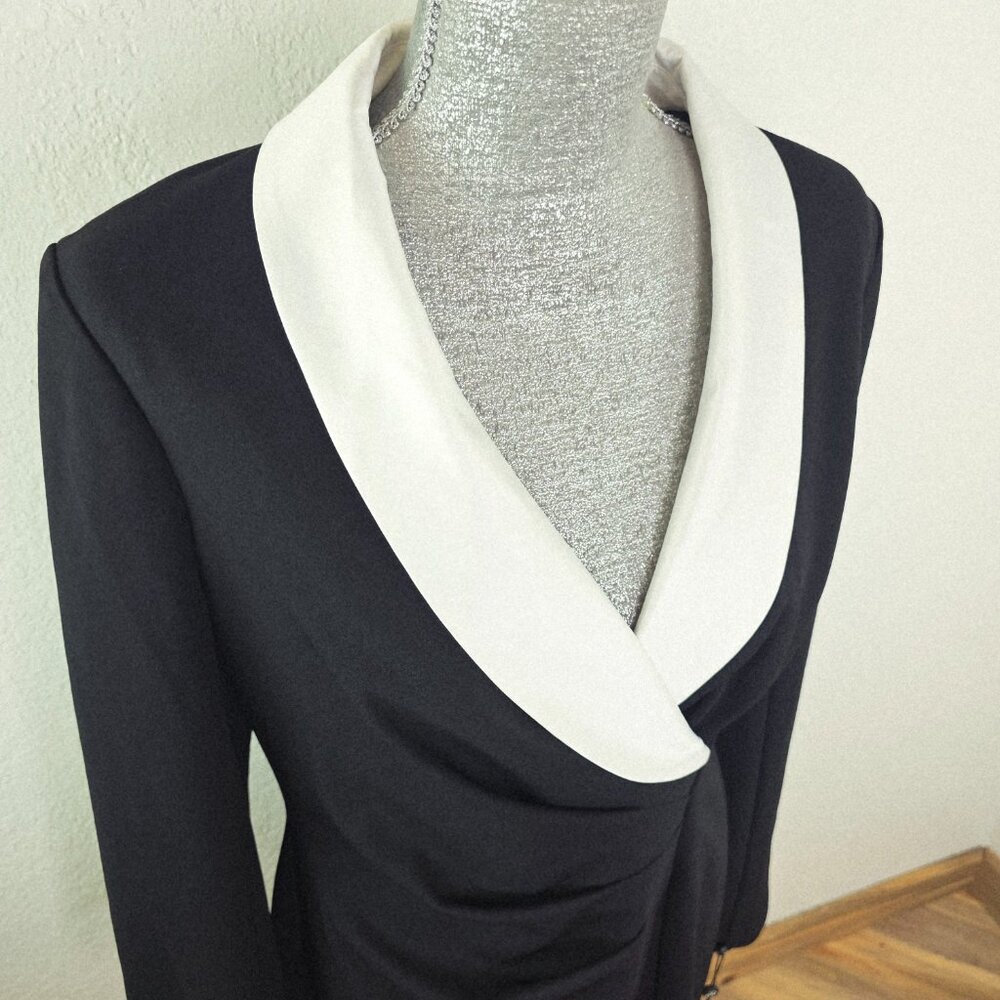 Adrianna Papell Tuxedo Black Ivory Knit Crepe & Satin Sheath Dress Size 12 - Picture 3 of 9